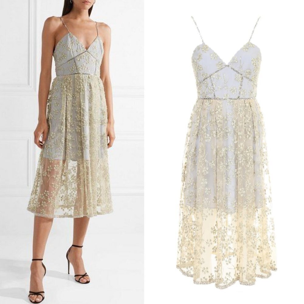 Self-Portrait Embroidered Gold Floral Mesh Overlay Midi Dress US 6